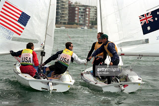 28 Sep 2000: Mark Turnbull and Tom King of Australia shake hands with silver medalist, the USA, during the Men's 470 Sailing Final held at Rushcutters Bay, Sydney Harbour, during the Sydney 2000 Olympics, Sydney, Australia. Mandatory Credit: Nick Wilson/ALLSPORT