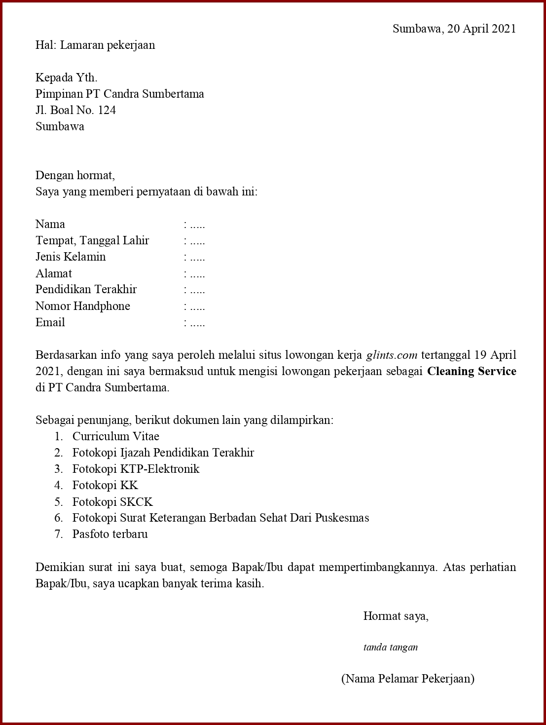 Download 50+ Contoh Surat Surat Lamaran Kerja Cleaning Service Gratis