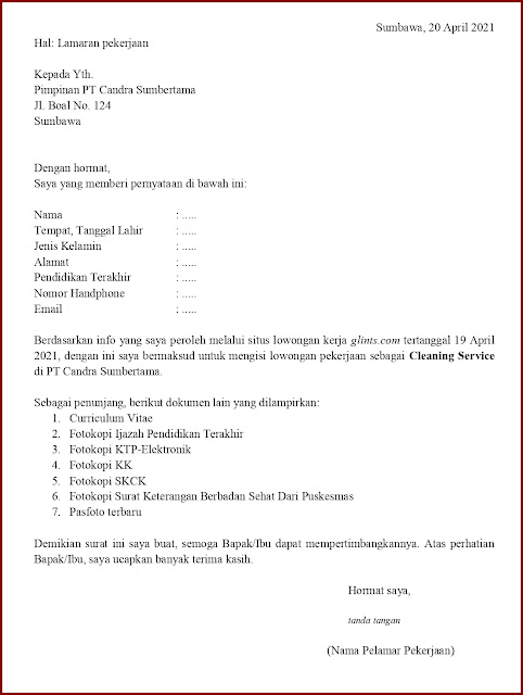 Contoh Surat Lamaran Kerja Untuk Cleaning Service (Fresh Graduate) Berdasarkan Informasi Dari Website Contoh Application Letter Untuk Cleaning Service (Fresh Graduate) Berdasarkan Informasi Dari Website