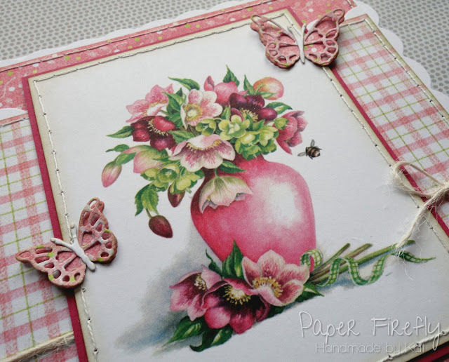 Scalloped easel base card with hellebore art pad image and die cut butterflies