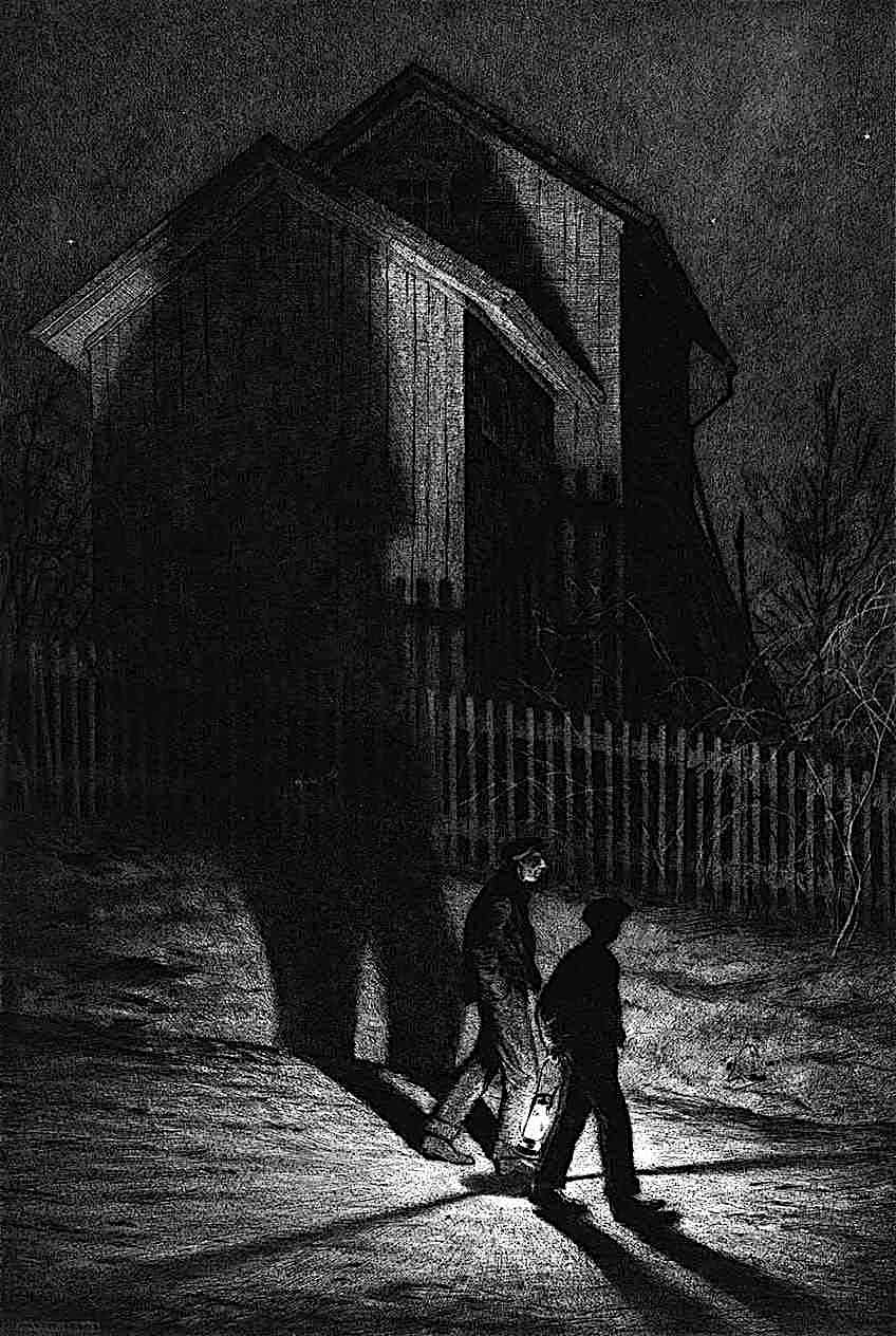 Martin Lewis 1932 Martin Lewis 1932 print of two men walking with a lantern