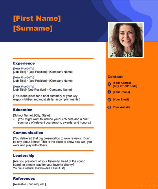 Blue and Orange One Page Professional Resume Doc Template Free Download