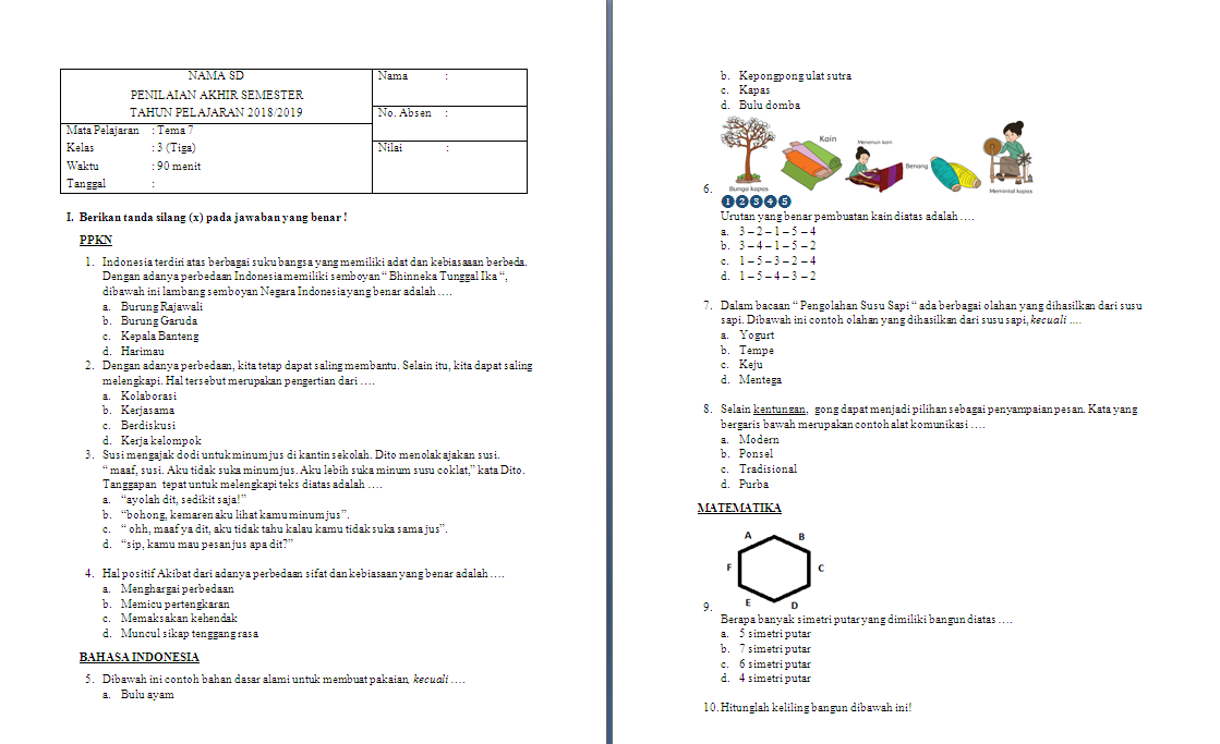 Soal PAS Kelas 3 SD/MI Tema 7