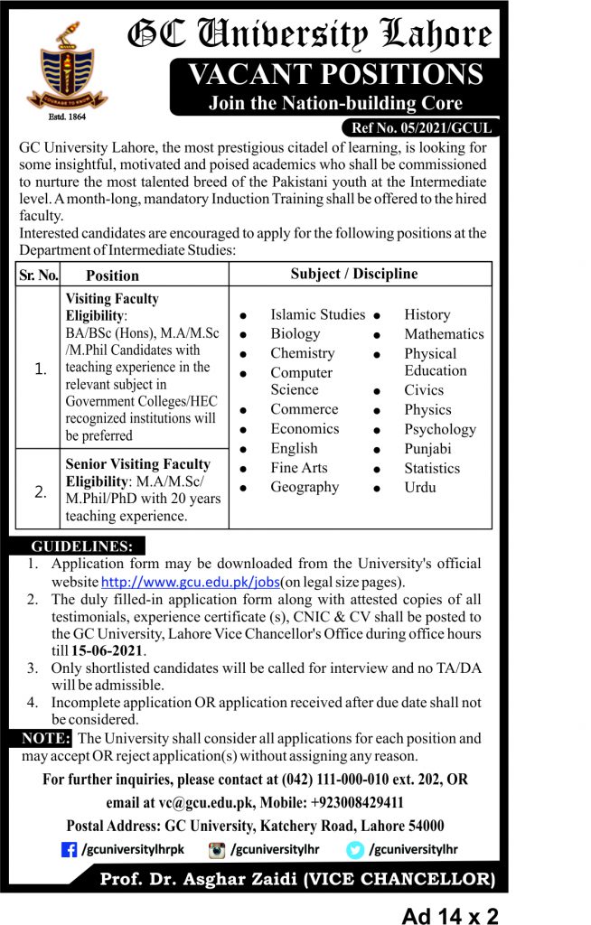 Gc University Lahore Visiting Faculty Jobs 2021