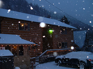Exterior winter scene with it snowing.  Christmas white lights around the two wreaths hanging on the conods, and along the deck railing and hot tub gazebo.