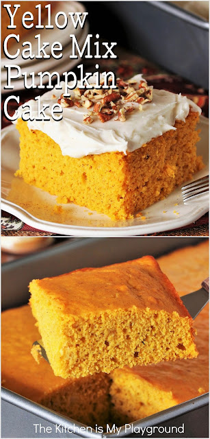 Yellow Cake Mix Pumpkin Cake ~ Want to make a super easy pumpkin cake? Look no further than this Yellow Cake Mix Pumpkin Cake recipe! Start with a boxed yellow cake mix, add in some pumpkin & basic cake ingredients, and you're on your way to baking up one very tender and tasty pumpkin cake.  www.thekitchenismyplayground.com