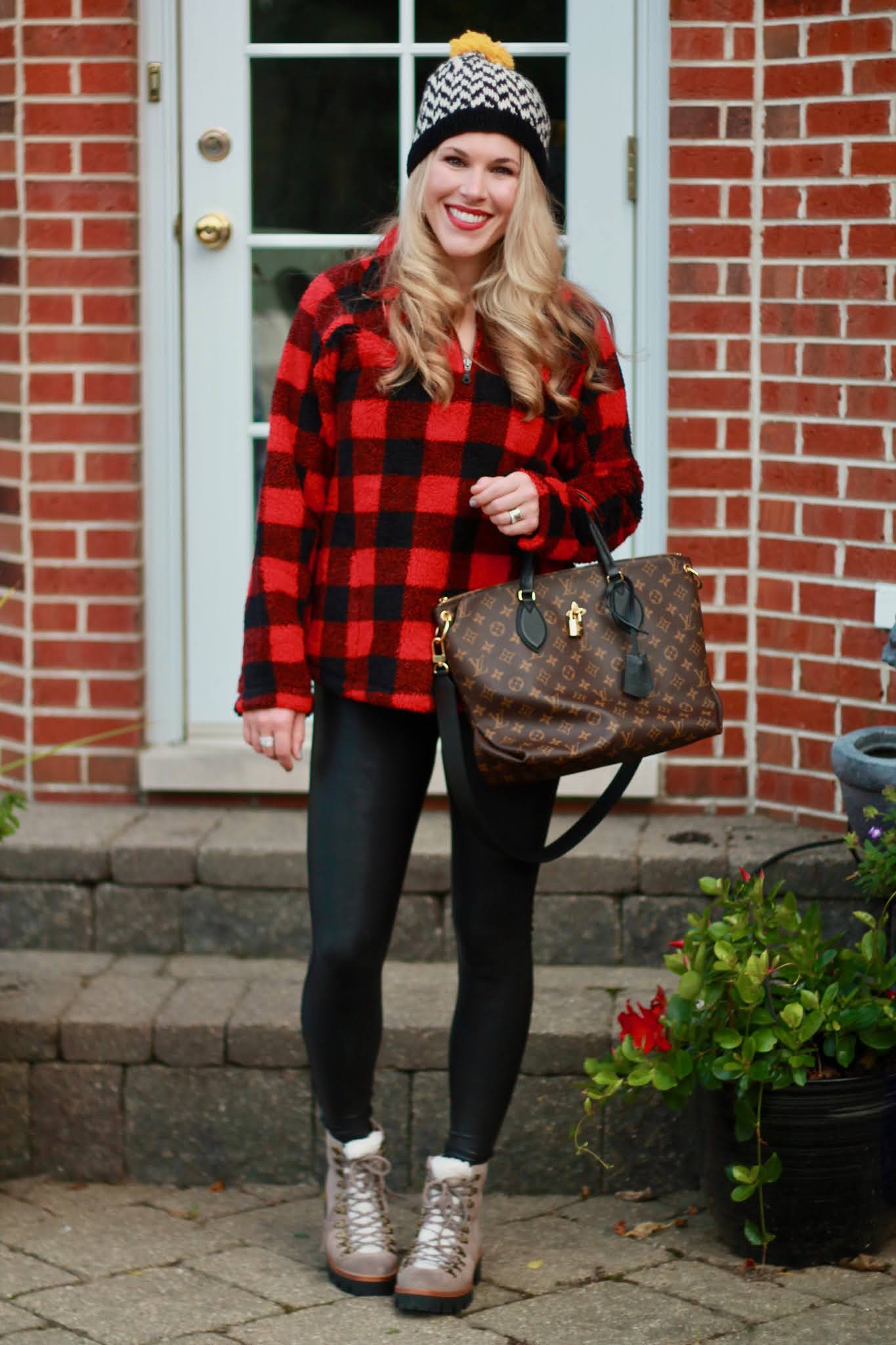 BuffalHO HO HO Plaid & Confident Twosday Linkup red buffalo plaid quarter zip, leather leggings, winter leather leggings outfit, grey sherpa combat boots,