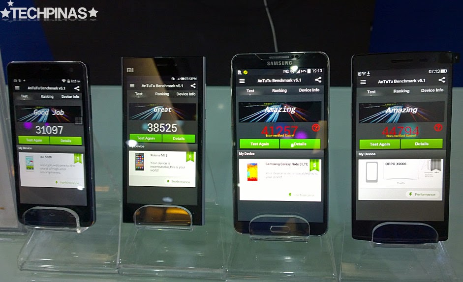 Samsung Galaxy Note 4 Antutu, THL T5000 Antutu, Oppo Find 7A Antutu, Xiaomi Mi3 Antutu