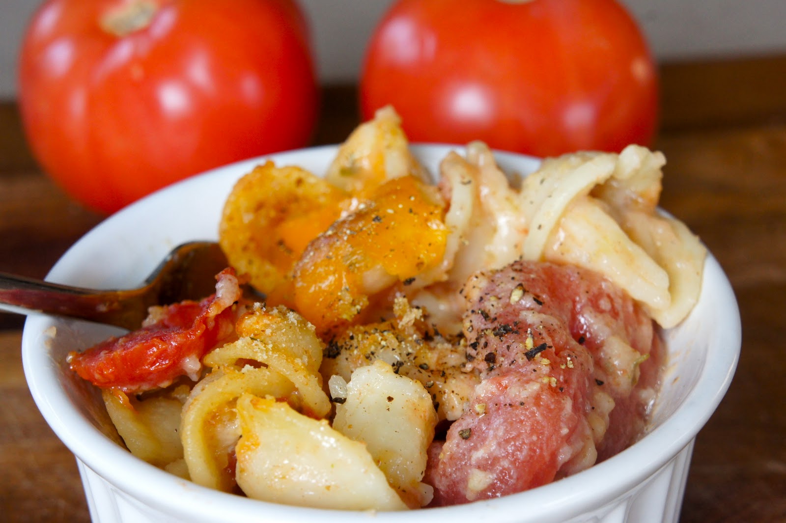 Table for Two. Baked Macaroni and Cheese with Stewed Tomatoes