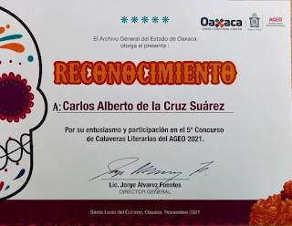 Carlos de la Cruz Suárez, Mención de honor calaveritas literarias AGEO