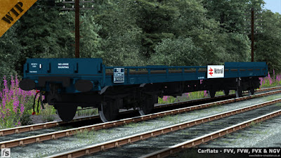 Fastline Simulation - Carflats: An FVX carflat to diagram 1/088 in Rail Blue livery with vacuum and air brakes, fixed sides with steel ends and Motorail branding.