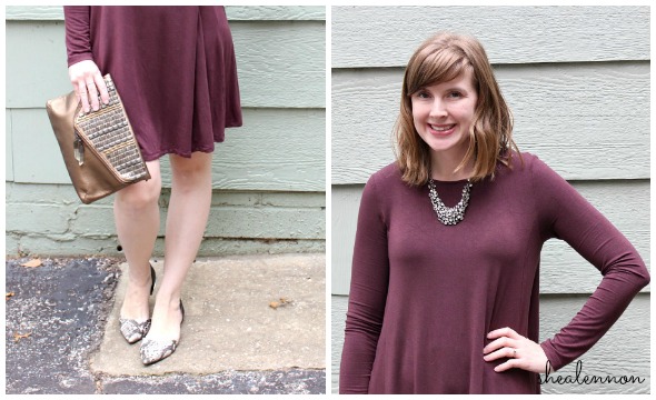 burgundy dress with snakeskin flats and statement necklace | www.shealennon.com