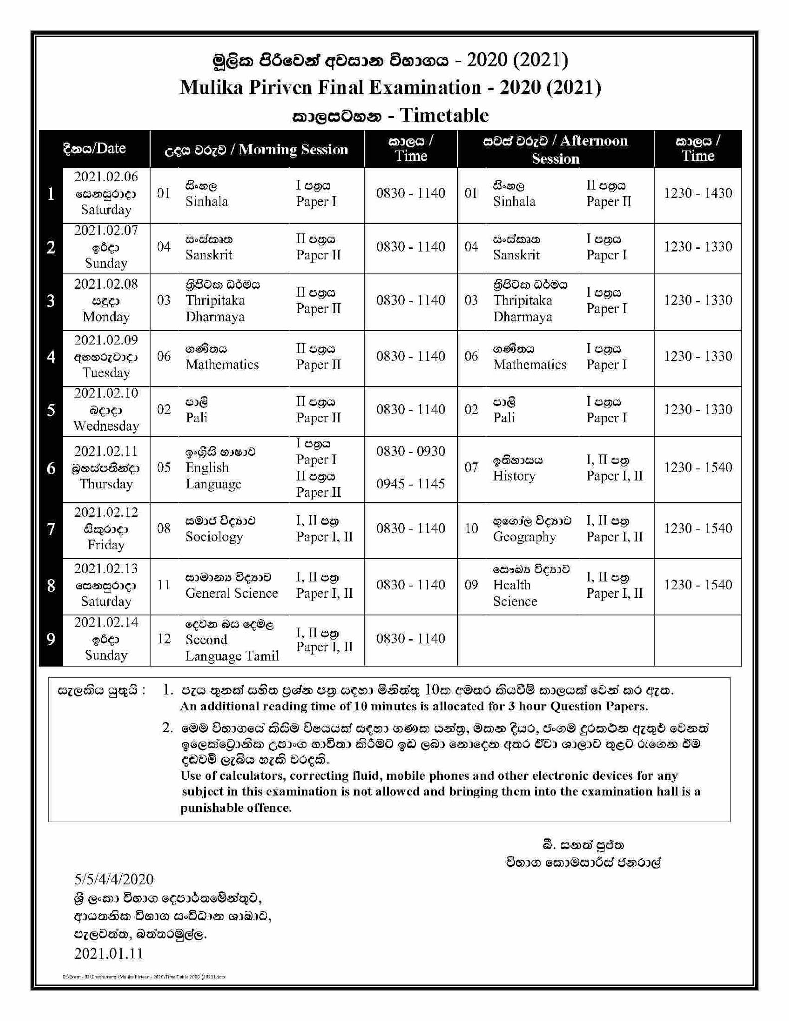 Mulika Piriven Final Examination - 2020 (2021) Timetable