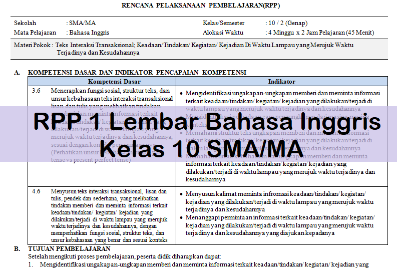 Rpp 1 Lembar Bahasa Inggris Kelas 10 Sma Ma Antapedia Com