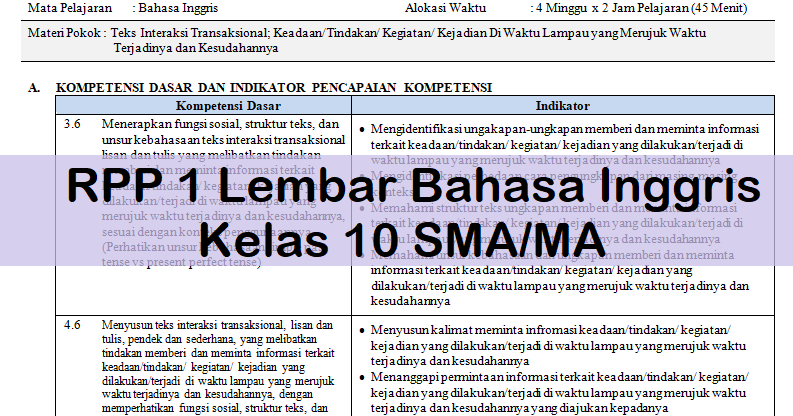 Rpp 1 Lembar Bahasa Inggris Kelas 10 Sma Ma Antapedia Com