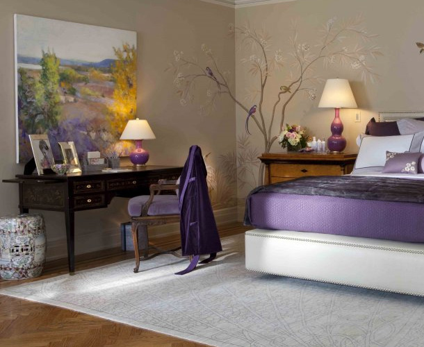  Purple  bedroom  decor  ideas  with grey wall and white accent 