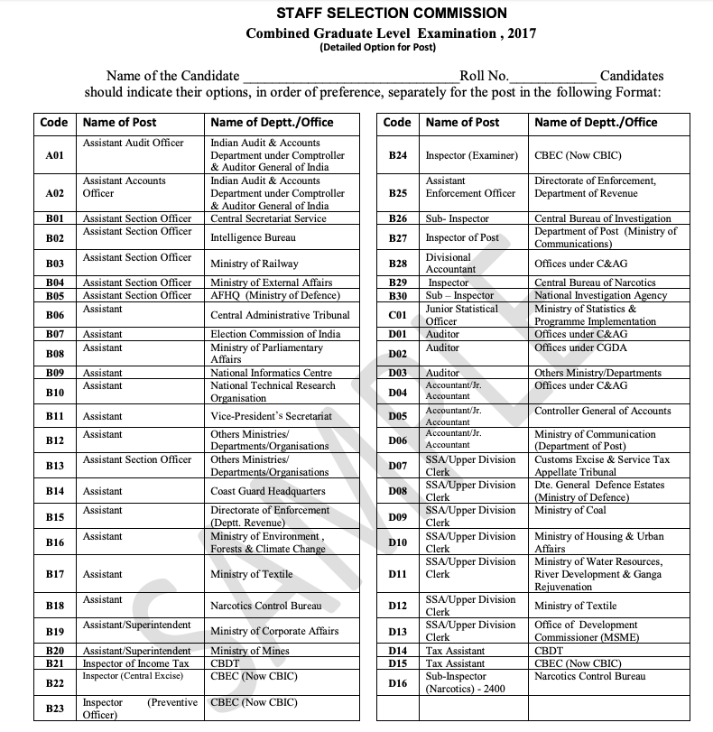 SSC CGL 2017 Post Preference Form PDF Download (Official)