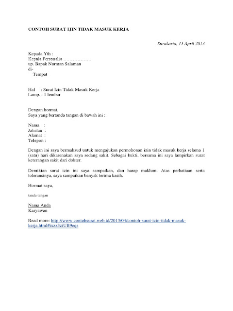 Contoh Surat Izin Sakit Tidak Masuk Kerja (via: scribd.com) Contoh Surat Izin Sakit Tidak Masuk Kerja (via: scribd.com)