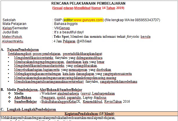 Rpp 1 Lembar Smp Bahasa Inggris Kelas 7 Semester 2 Situs Guru