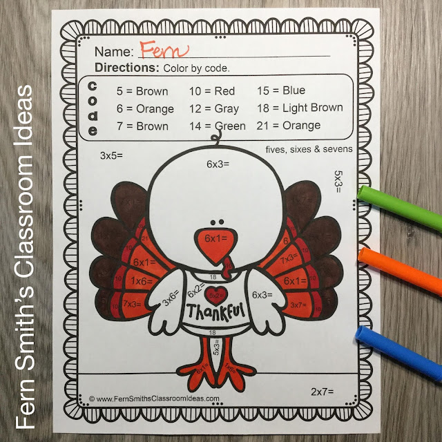 Thanksgiving Color By Number Addition, Subtraction, Multiplication, and Division Bundle