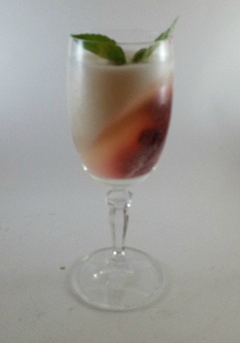 Copa de champagne con gelatina , sorbete, frambuesas y una ramita de albahaca