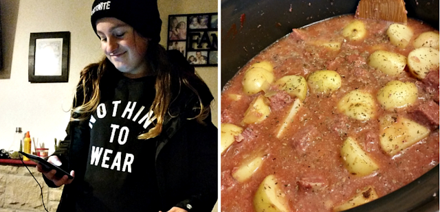 my youngest ready to go out with friends and corned beef hash in the slow cooker