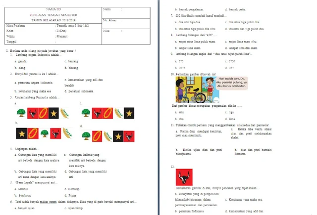 Soal PTS Kelas 2 SD/MI: Tema 1 Subtema 1-2