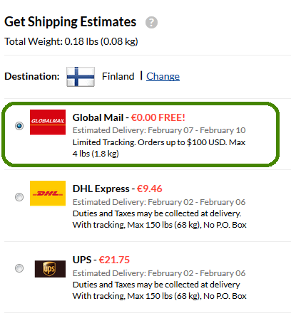 Ilmainen Global Mail postitoimitus Suomeen jos ostoskorin arvo on yli 40 dollaria. iHerb tarjoaa ilmaista postitoimitusta Suomeen Global Mail rahtitoimituksella. Ostoskorin arvon on oltava yli 40 dollaria