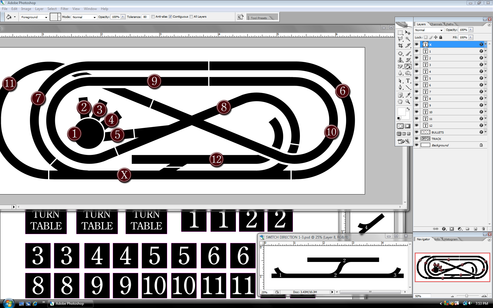 Designing a track electrical block and turnout diagram in Adobe Photoshop