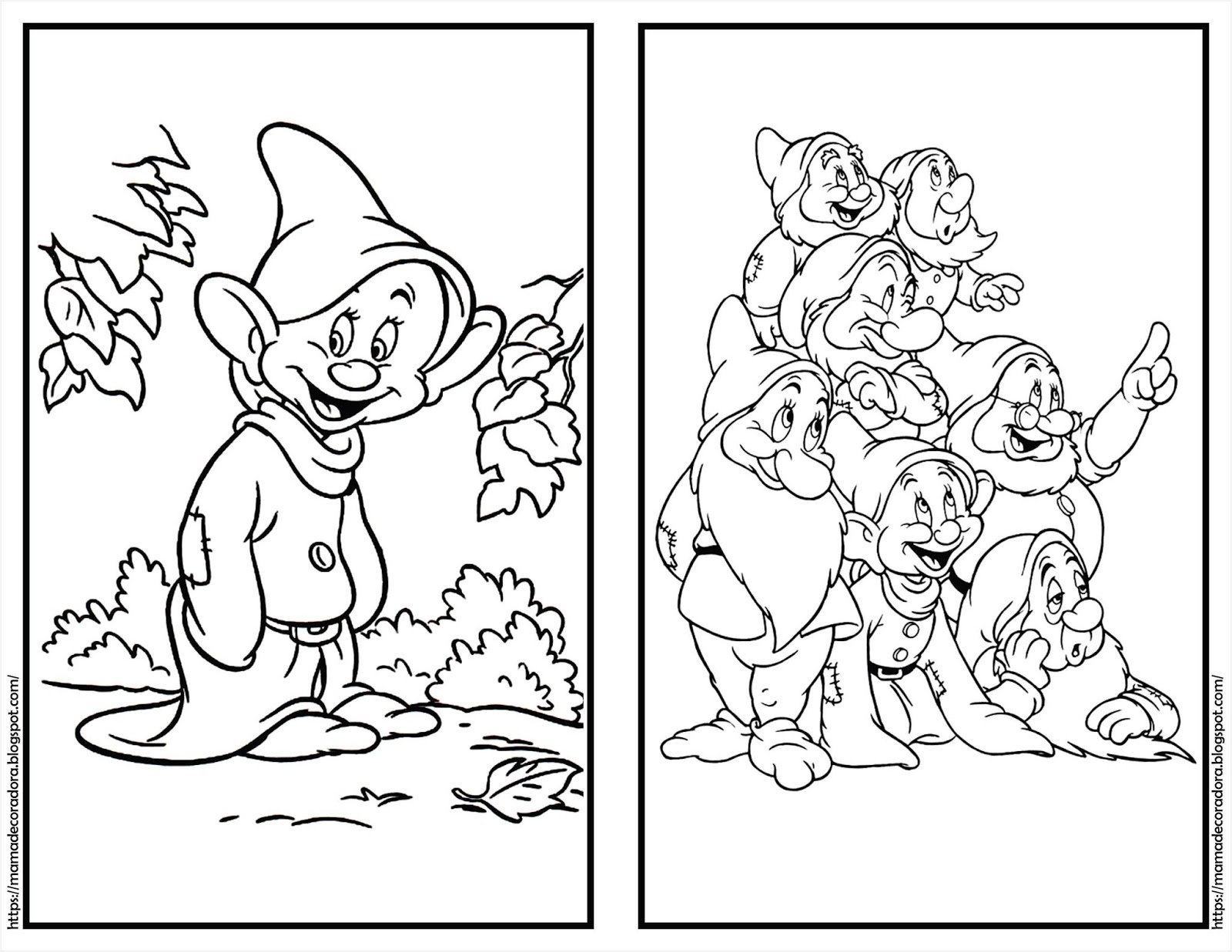 Imagen de una página para colorear de Blancanieves con los siete enanitos.