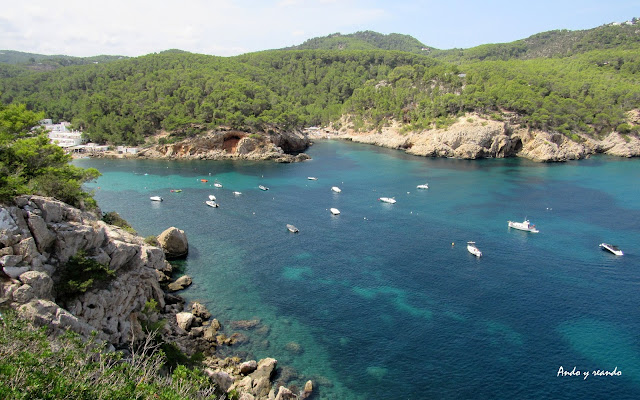 qué-ver-en-Ibiza Puerto de Sant Miquel. Aguas turquesas en el puerto de San Miguel en Ibiza