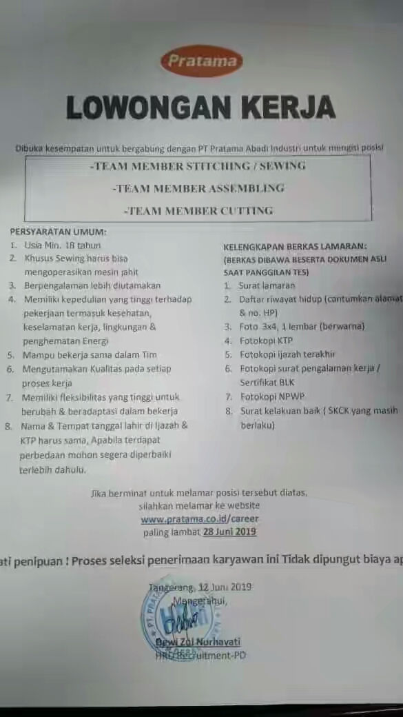 Lowongan Kerja Pt Pratama Abadi Industri Juni 2019 Lokernetid