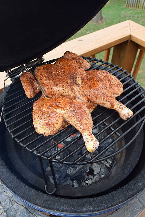 cook whole chicken on BGE, Grill Dome whole chicken, kamado grill whole chicken