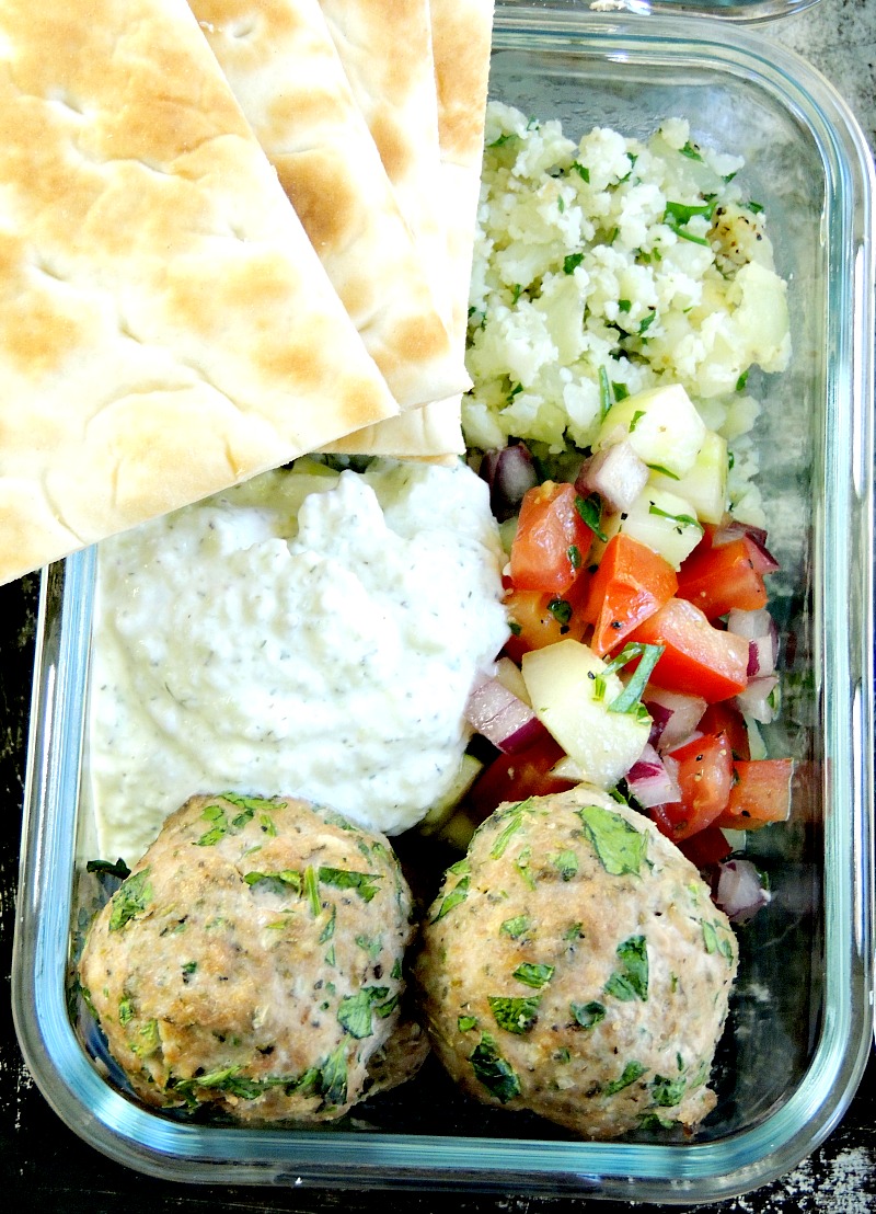 Meal Prep Mediterranean Meatballs with Tzatziki Over Cauliflower Rice
