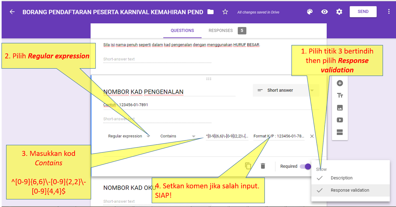 format data input nombor kad pengenalan dalam Google Forms