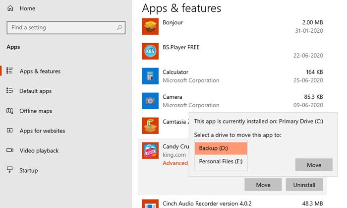 Sposta le app in Windows 10