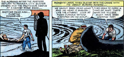 Buster Crabbe 4 panels: Buster finds shaven-headed corpse floating down the river