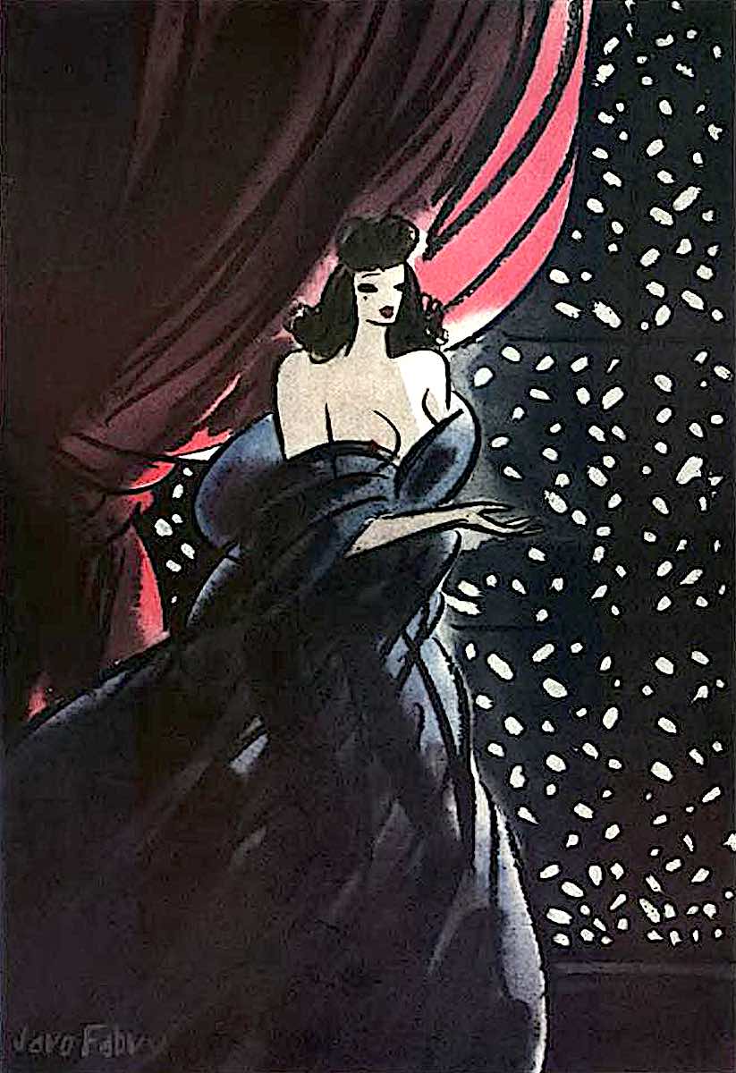 Jaro Fabry 1938 a Jaro Fabry 1938 illustration of a beautiful woman in a nightgown looking at snowfall