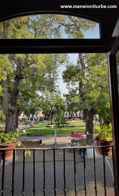 View of the Plaza Vasco de Quiroga from Hotel Mansión Iturbe in Pátzcuaro