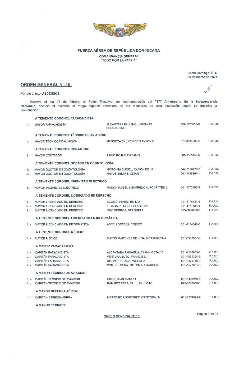 Listado completo de ascensos en Fuerza Aérea Dominicana 2021 Listado completo de ascensos en Fuerza Aérea Dominicana 2021