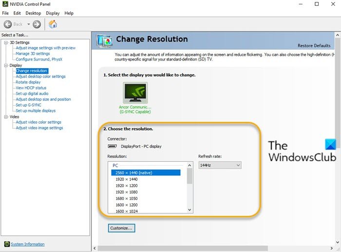 Opzione 144 Hz non visualizzata in Windows 10 Opzioni di visualizzazione: scheda grafica NVIDIA