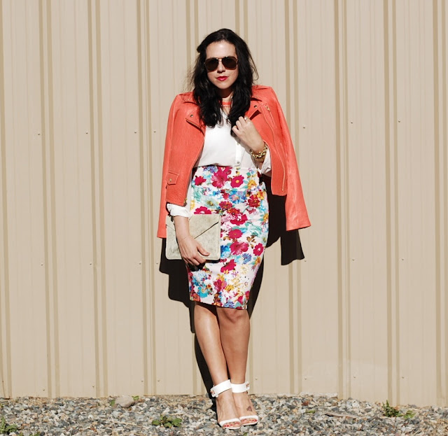 Vancouver fashion blogger, Elenian leather Theory jacket, Floral pencil skirt, Topshop heels and a gold Gap clutch.