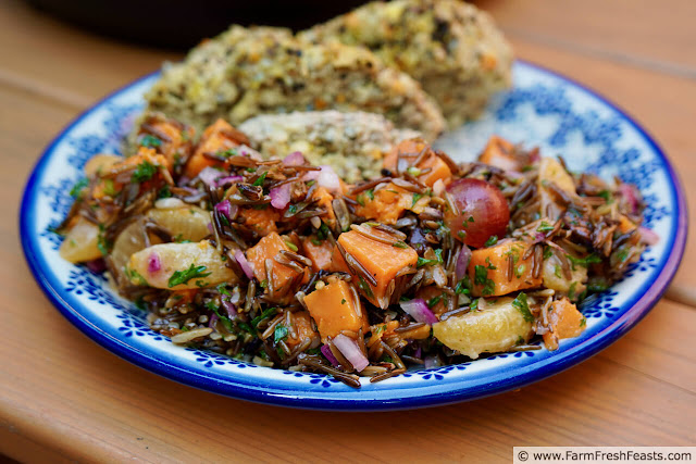 image of a plate of fruited wild rice salad with sweet potato