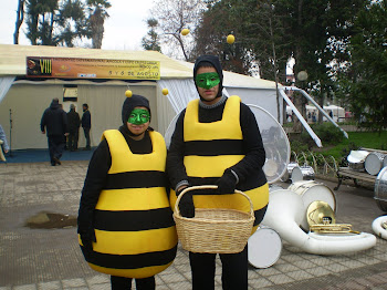 Abeja obrera y zángano recibiendo a los apicultores