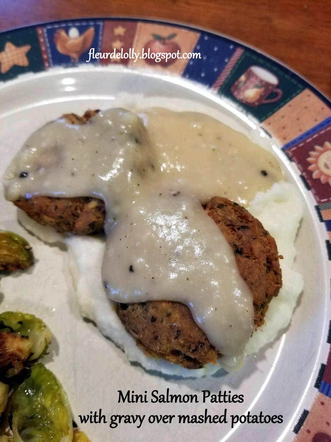 Fleur de Lolly Mini Salmon Patties with gravy over mashed potatoes