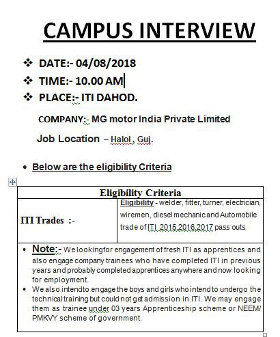 Mg Motors India Private Limited Holol Gujarat Campus Interview Requirements Iti Candidates Iti And Diploma Jobs