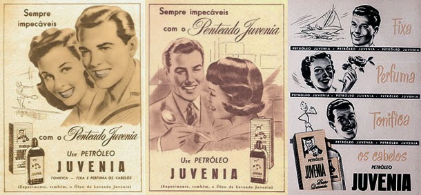 Propaganda dos anos 50 do Petróleo Juvenia: tônico para os cabelos.