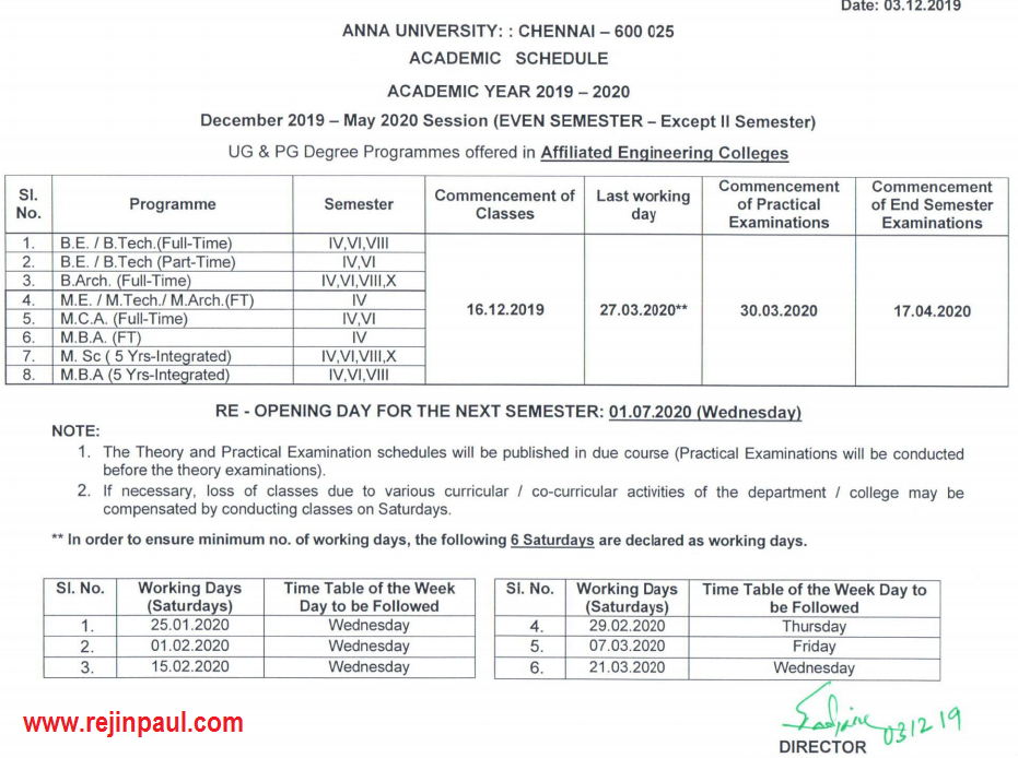 Anna University Academic Schedule 2020 Even Semester 2nd 4th 6th 8th