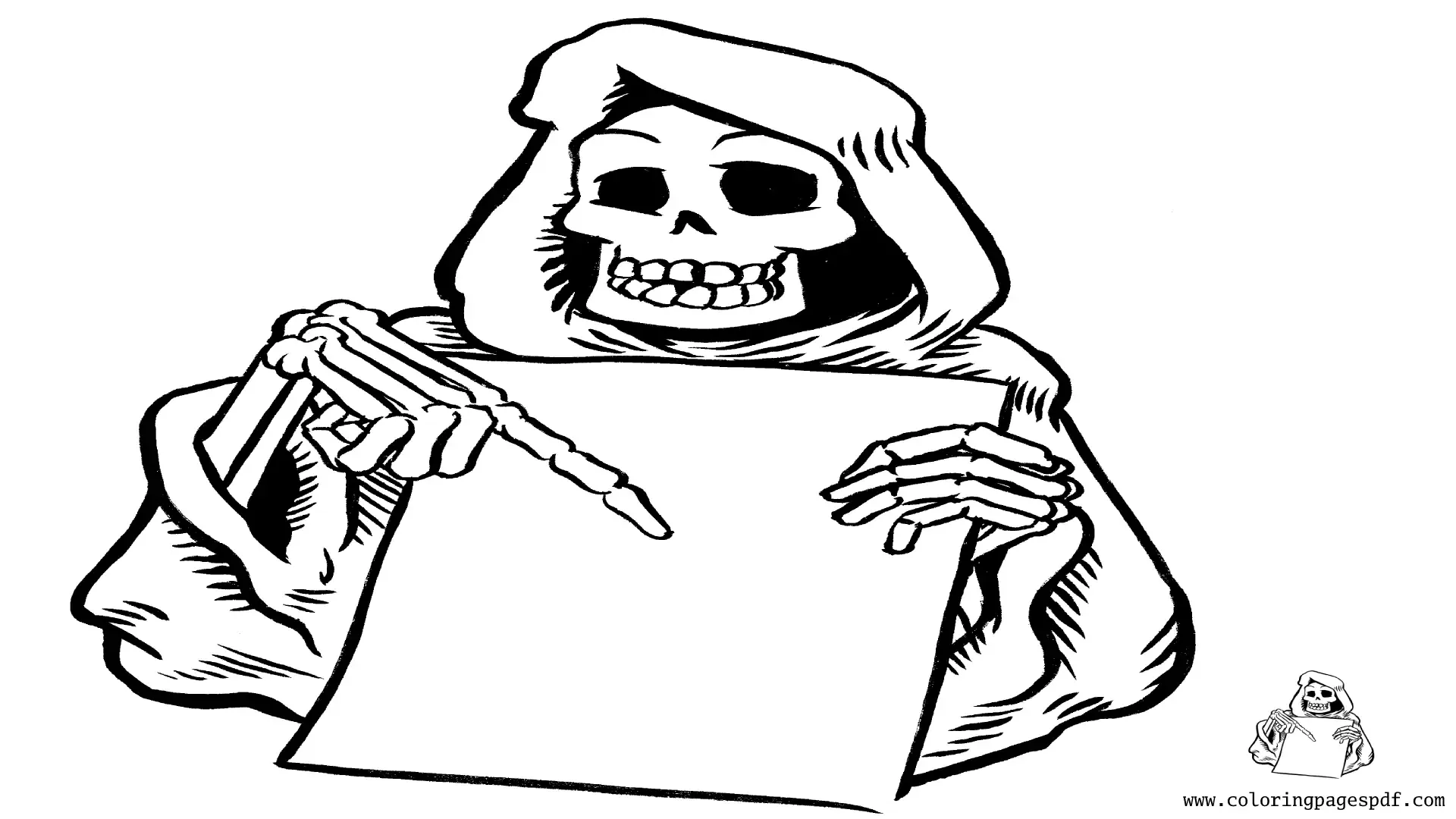 Coloring Page Of Grim Reaper Pointing To A Paper
