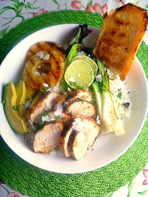 Juicy mojito marinated chicken, grilled pineapple and bok choy served over a mint, coconut and pineapple flavored rice.  It's the tropics in a bowl! - Slice of Southern